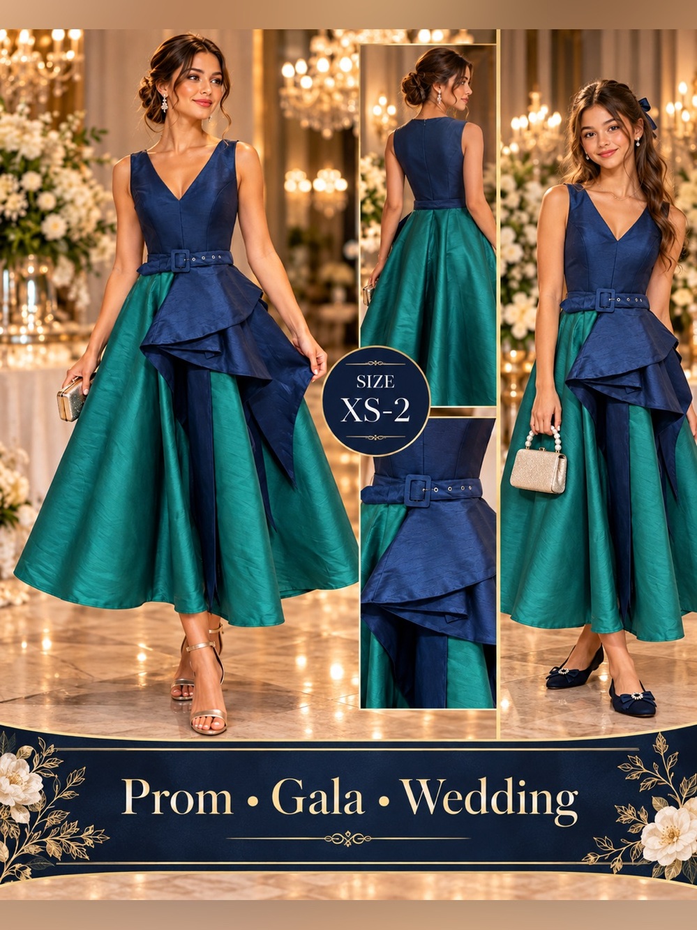 Zapelle by eShakti Colorblock Gala Dress XS/2 Navy Emerald Belted Formal Prom